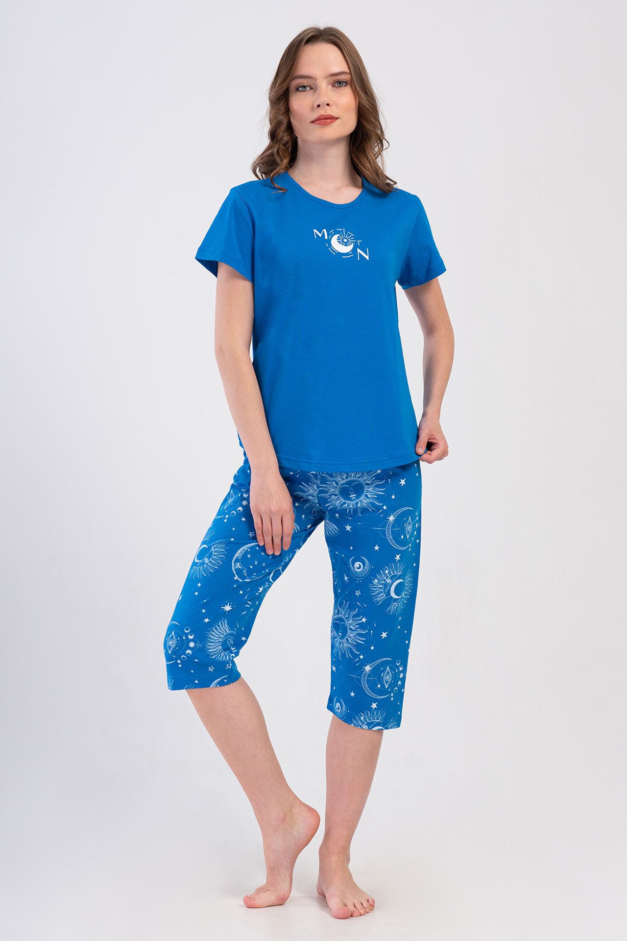 YAKE Baskılı Bisiklet Yaka 2 Parça Pijama Takımı 1