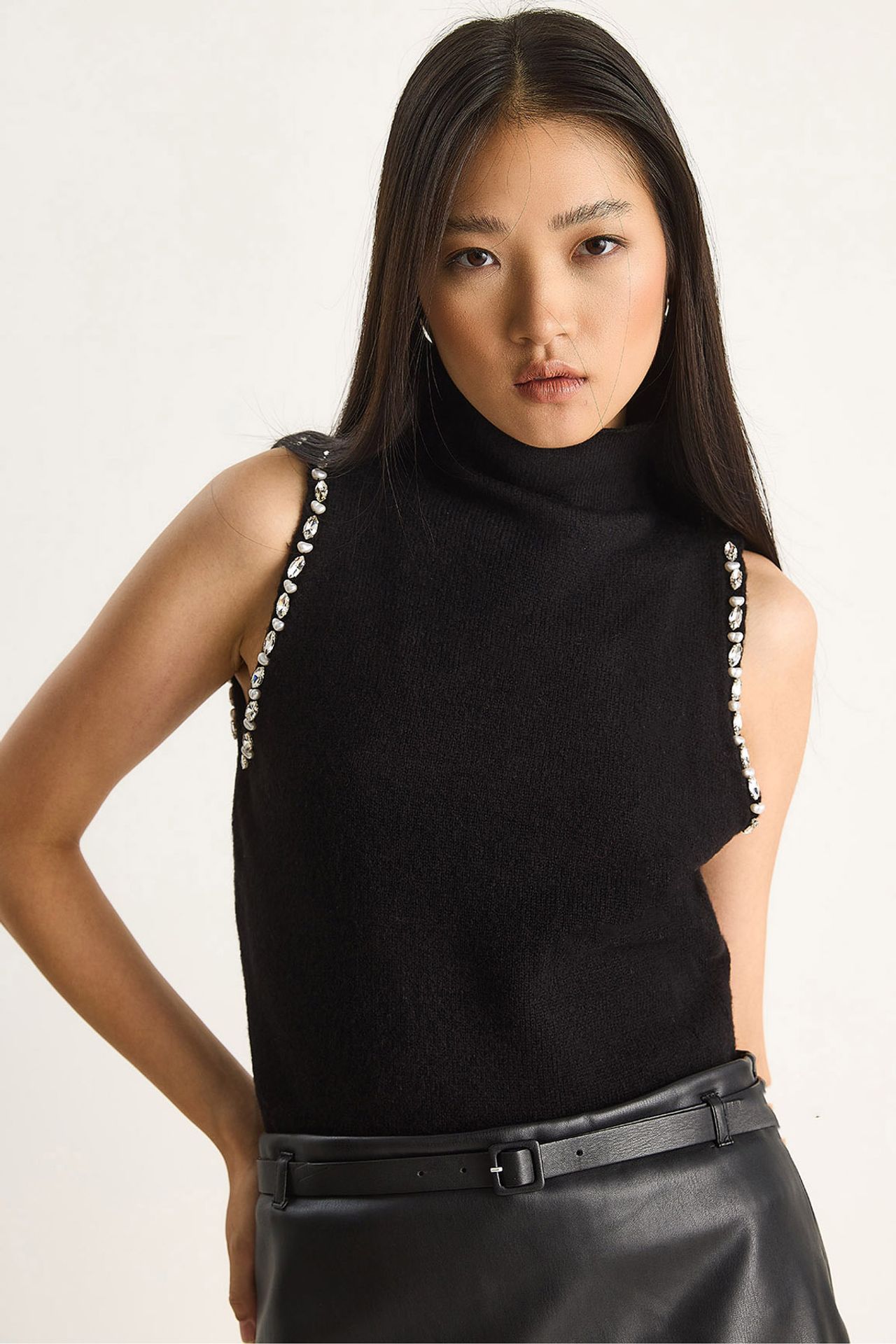 LUCCI Turtleneck Blouse with Pearl Detail