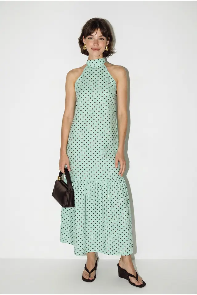 LUCCI Halter Polka Dot A-Line Maxi Dress