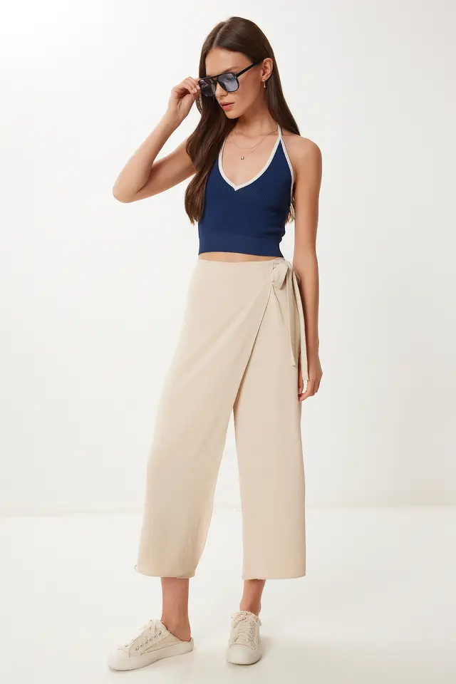 ISTANBUL High Waist Wide Leg Crop Pants with Tie Detail