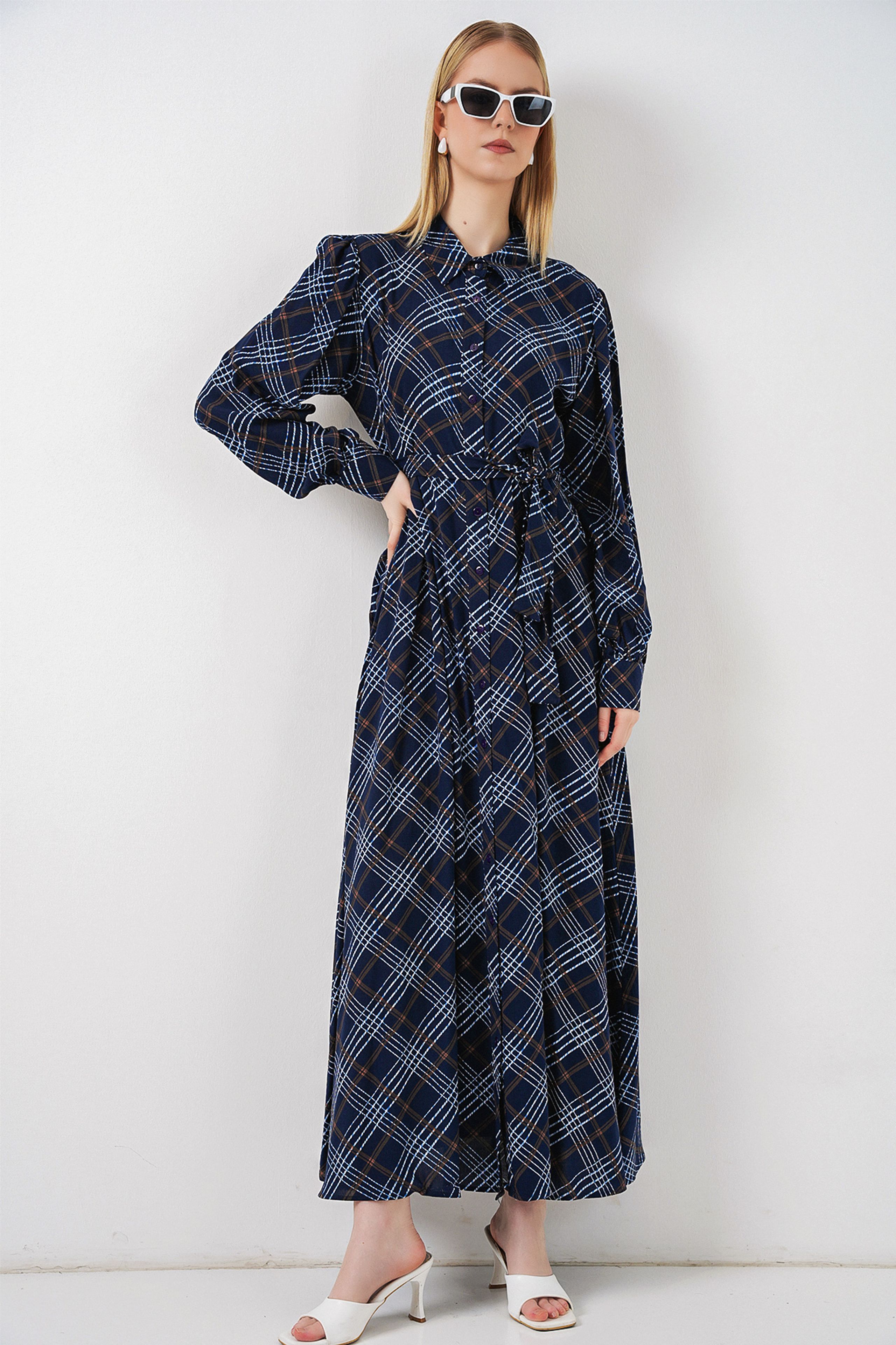 HiCCUP - Navy Blue Bdart Plaid Midi Shirt Dress With Button Closure Women