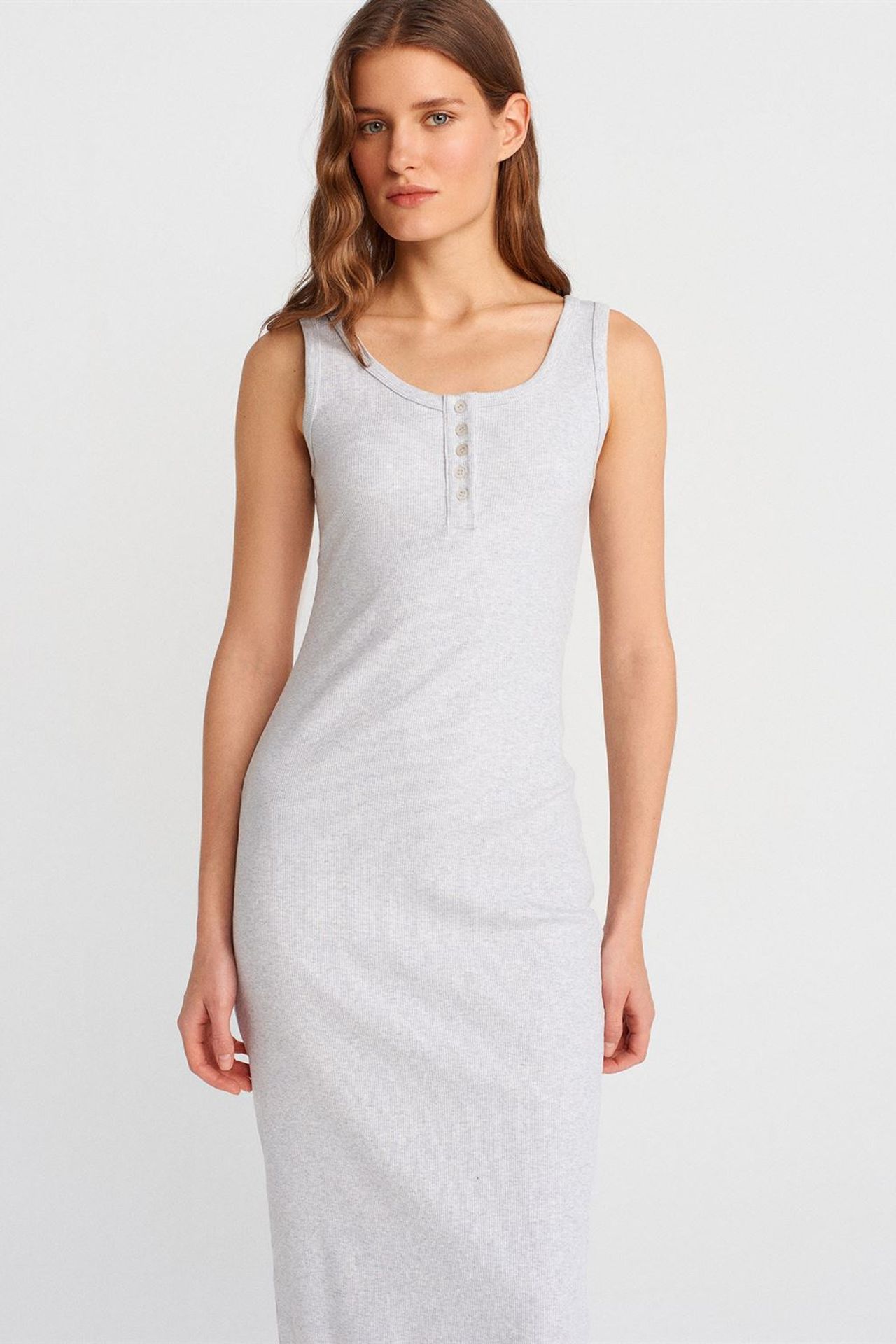 DILVIN Düğmeli Nervürlü Midi Bodycon Elbise 3