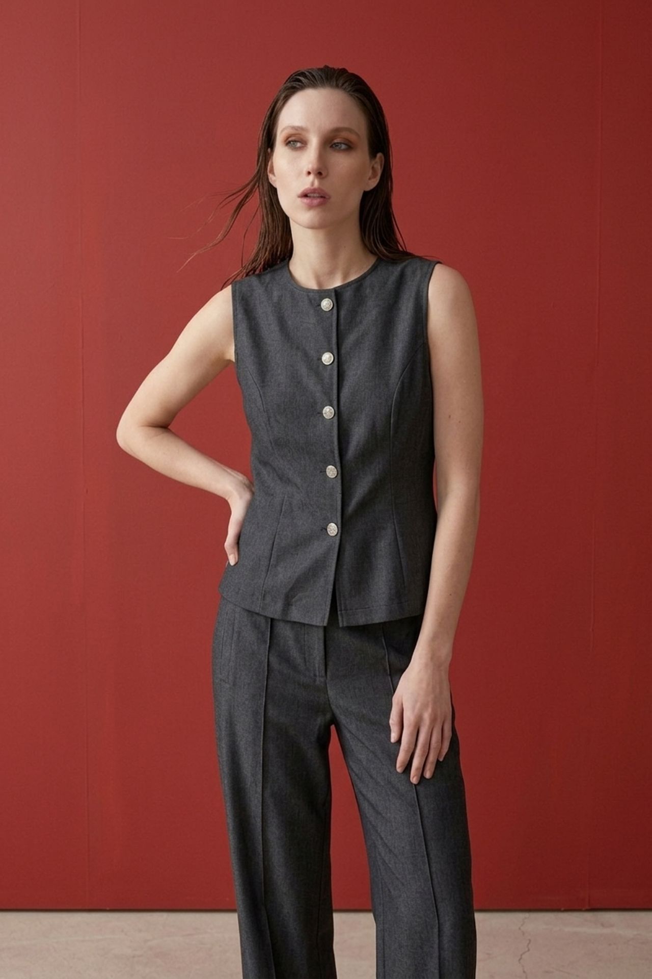 MY FASHION Cotton Poplin Vest and Wide-Leg Trouser Set 5