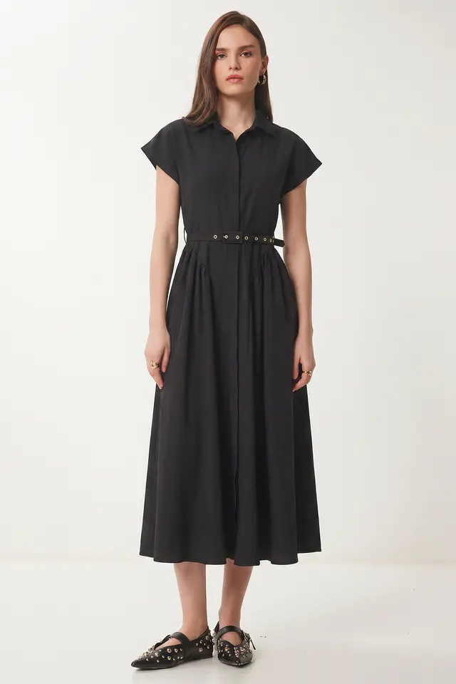 ISTANBUL Belted Poplin Shirt Midi Dress