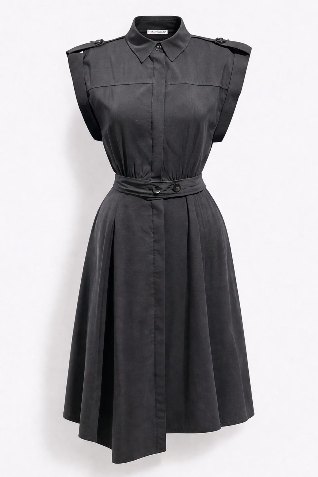 MIXRAY Textured A-Line Midi Shirt Dress with Belt 1