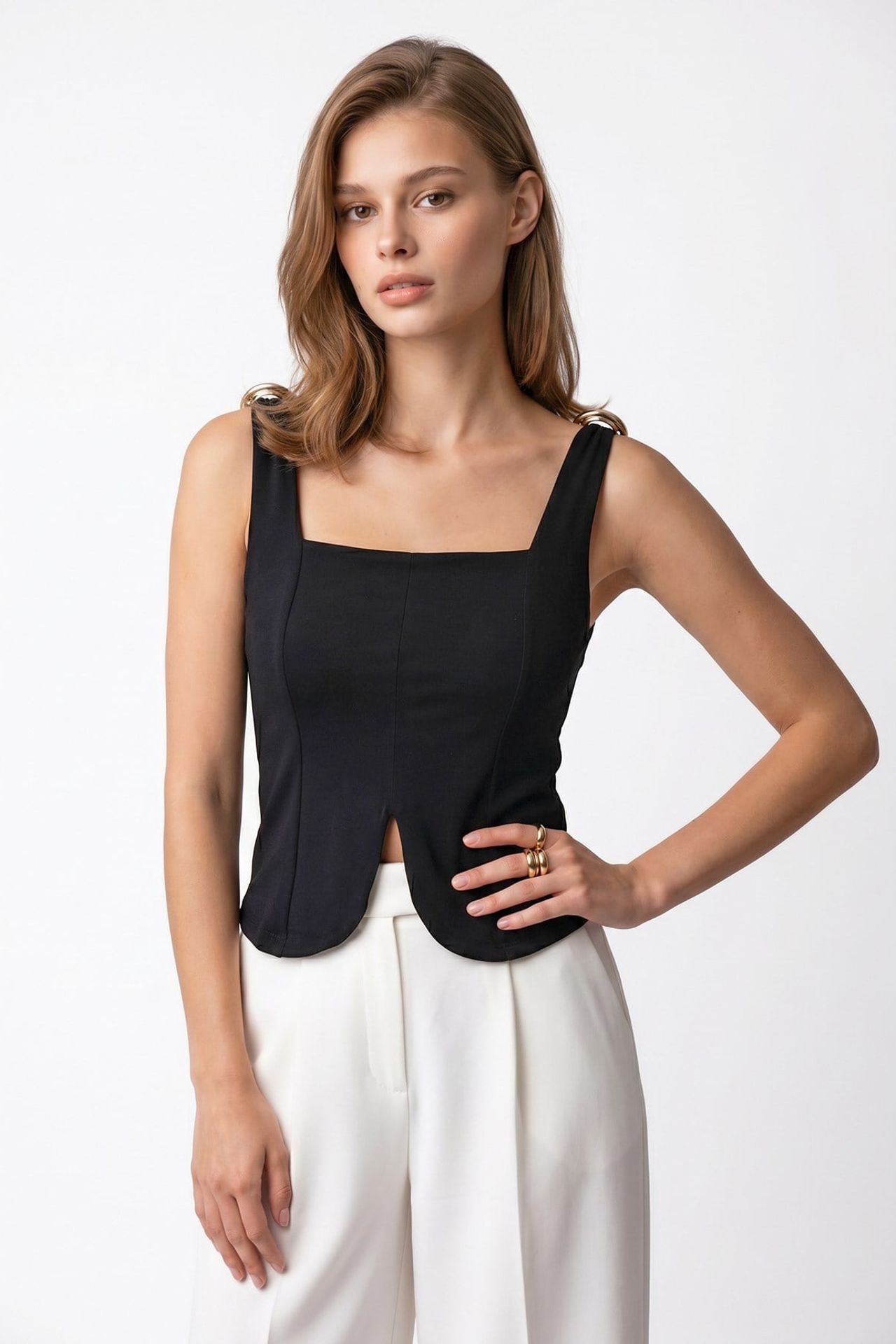 MIXRAY Fitted Crop Sleeveless Knit Top With Square Neck 1