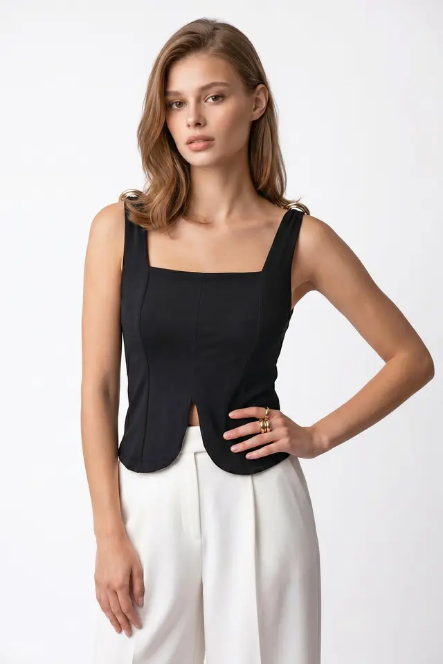 MIXRAY Fitted Crop Sleeveless Knit Top With Square Neck