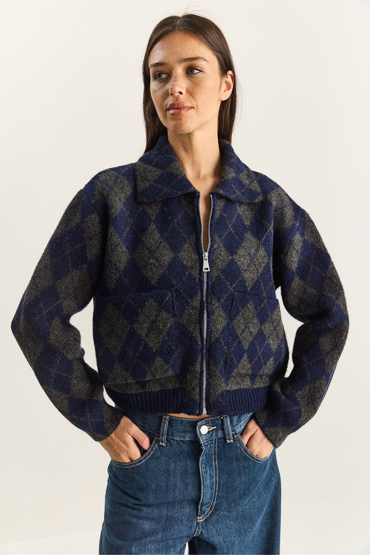 LUCCI Thick Jacquard Knit Cardigan with Zipper 5