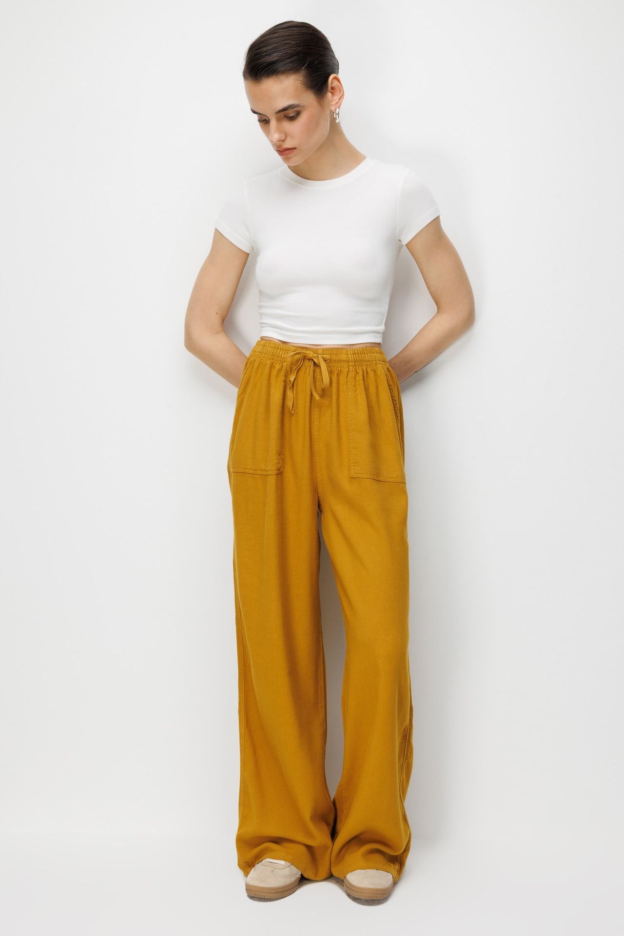MIXRAY Mid Waist Straight Leg Cotton Pants with Tie Closure 4