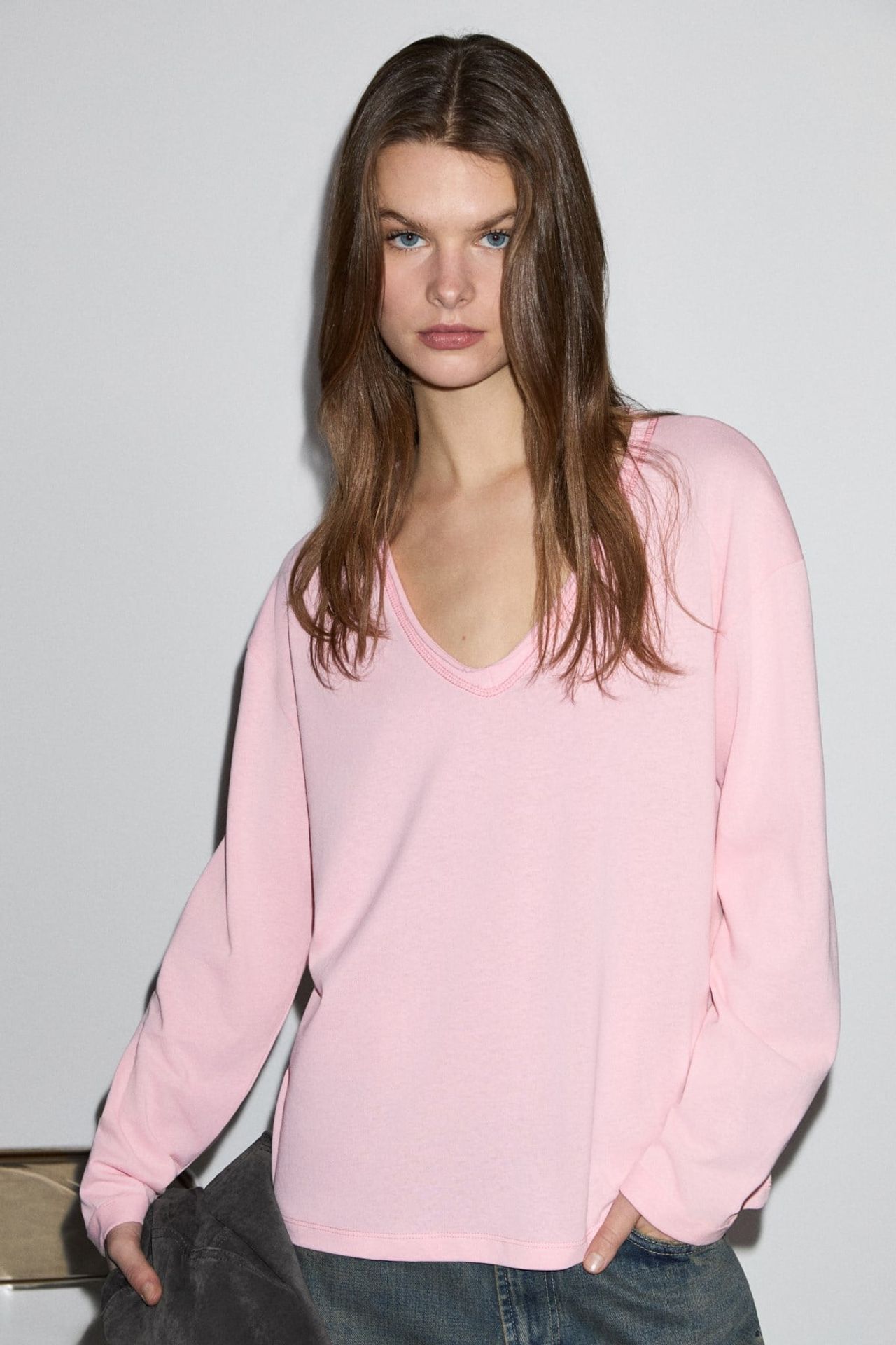 GRIMELANGE Oversized V-Neck Long Sleeve Blouse 1