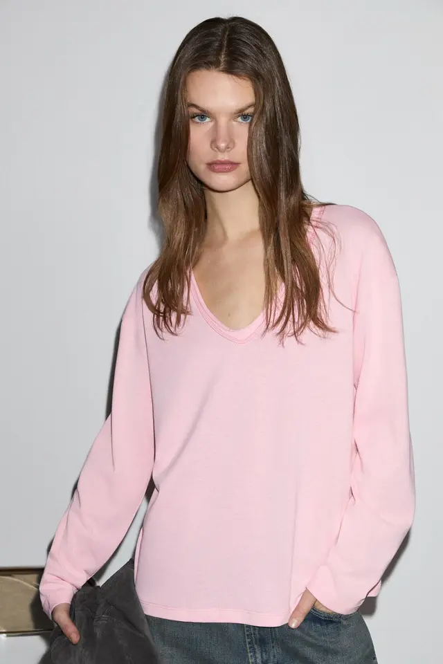 GRIMELANGE Oversized V-Neck Long Sleeve Blouse