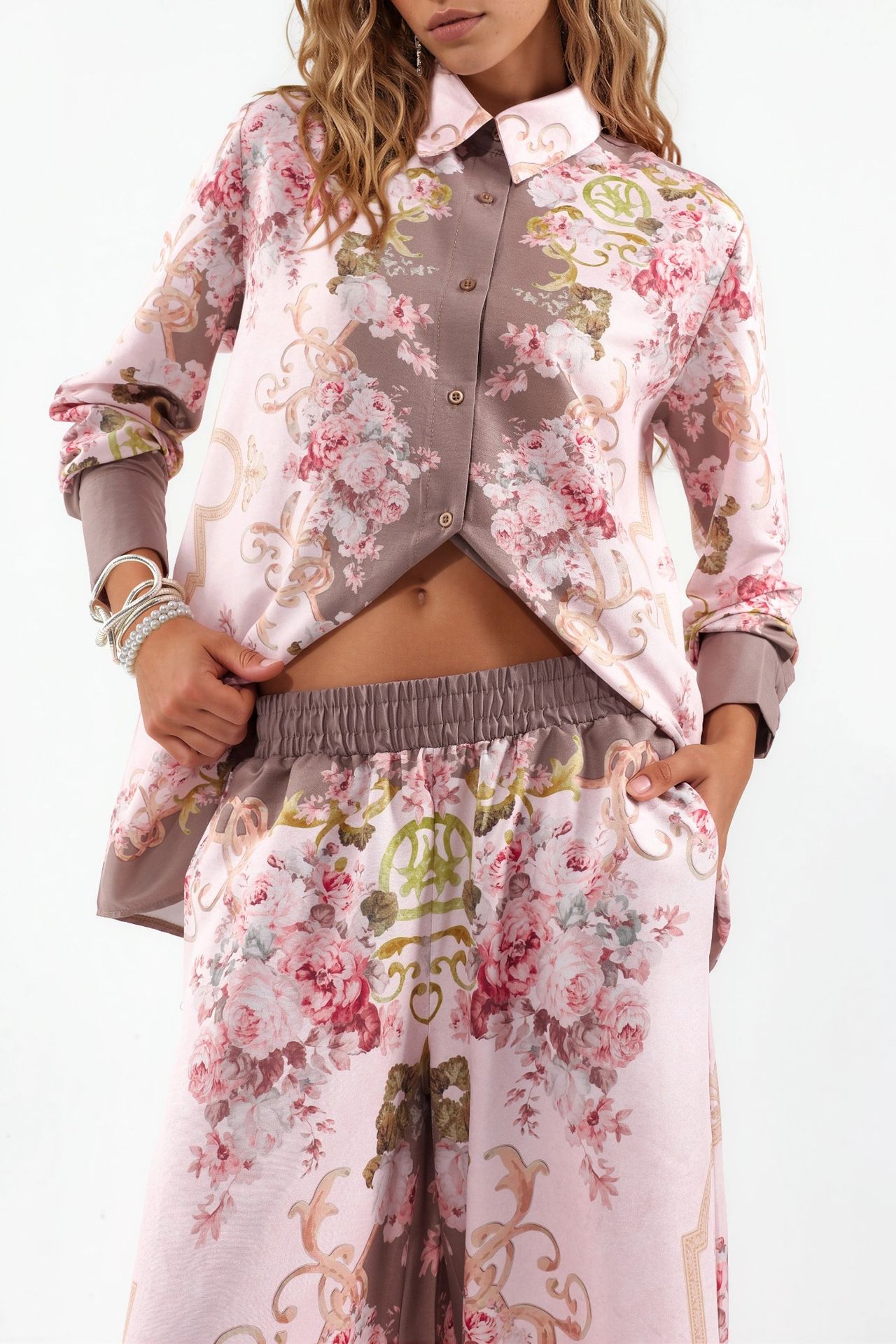 MSN Floral Satin Shirt And Wide-Leg Pants Set