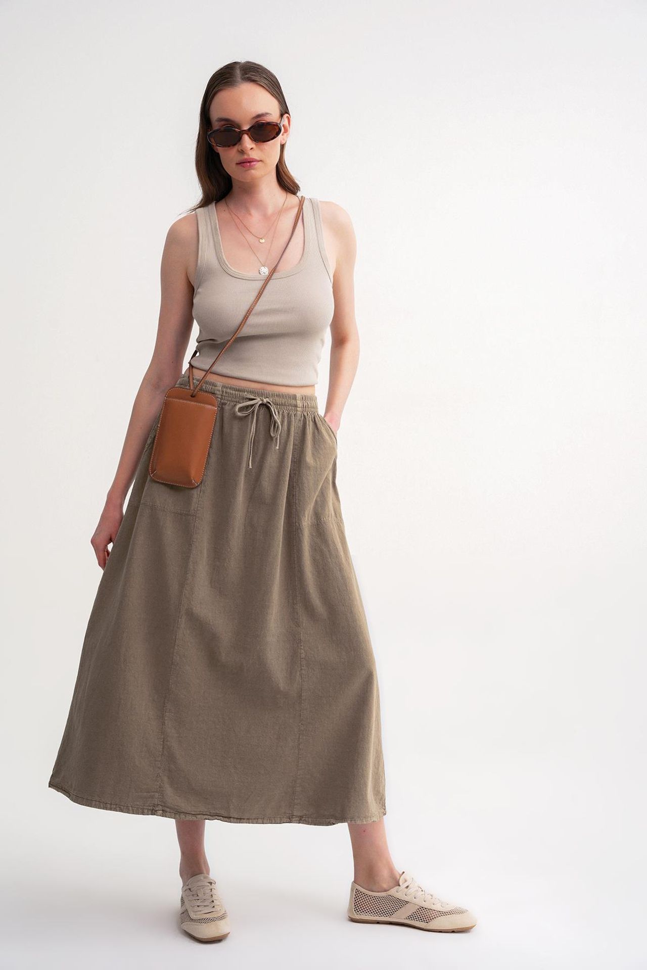 Mixray High-Waisted Poplin Skirt with Drawstring Detail 2