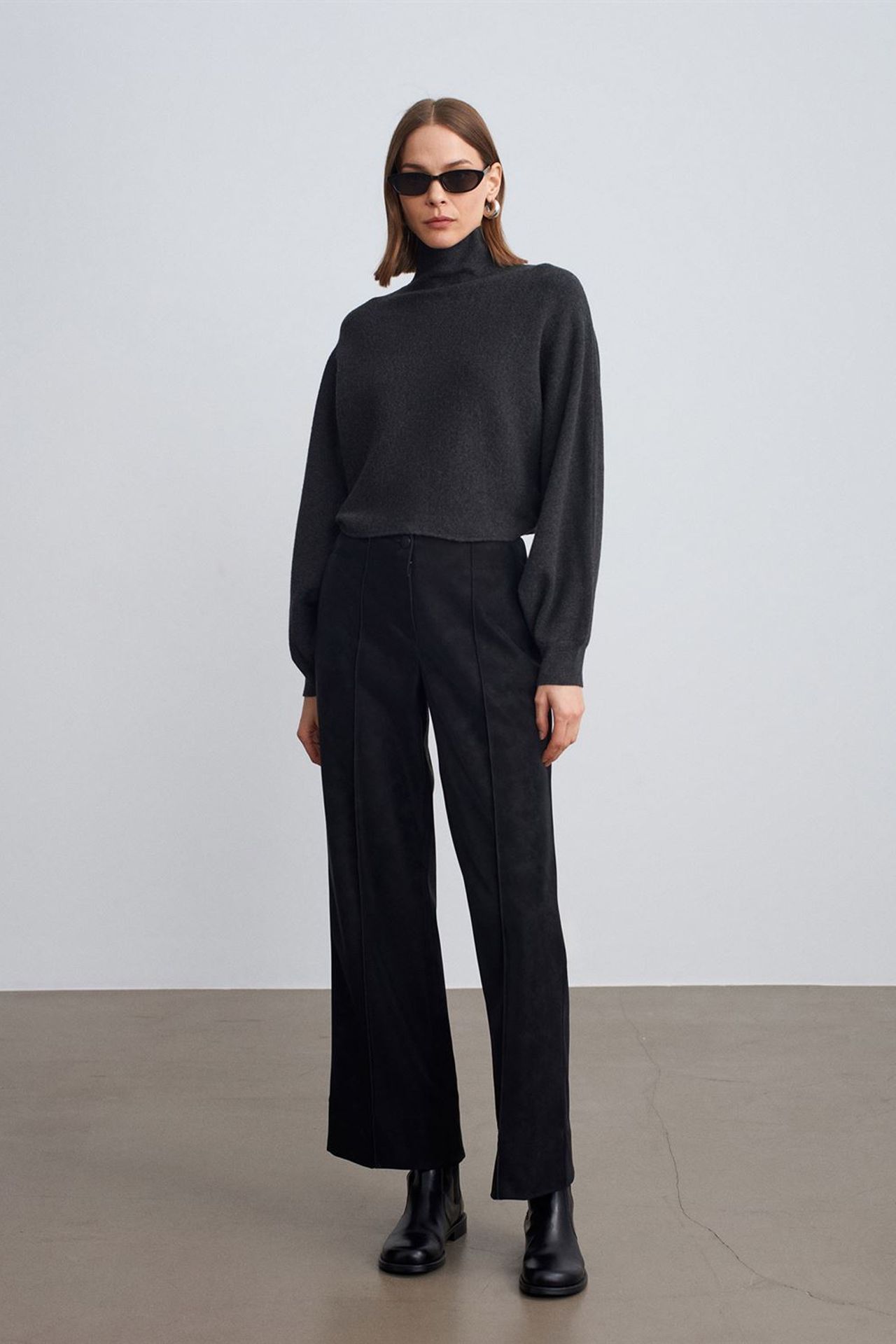 DILVIN Kadın Yüksek Bel Geniş Paça Suni Deri Pantolon 1