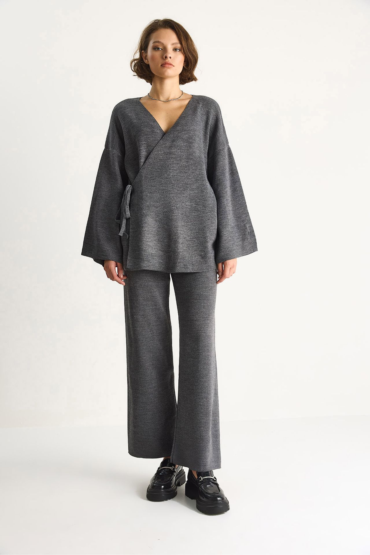 LUCCI Double Breasted Tie Blouse and Wide Leg Pants Set