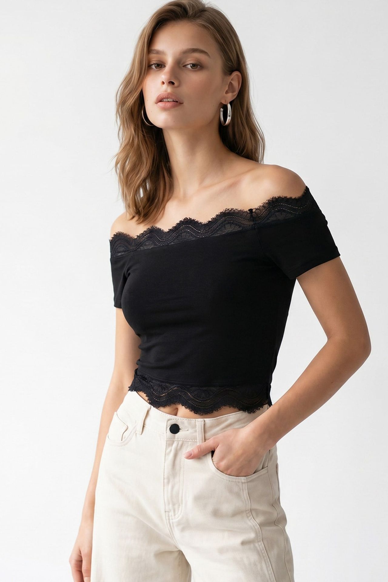 MIXRAY Nakışlı Slim Fit Kayık Yaka Crop Top 3