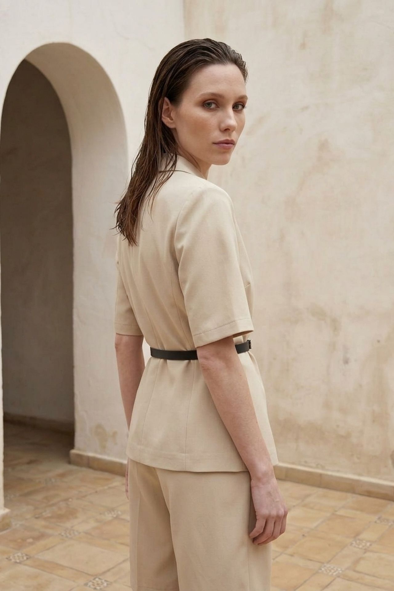 MY FASHION Belted Short Jacket and Wide-Leg Trousers Set 3