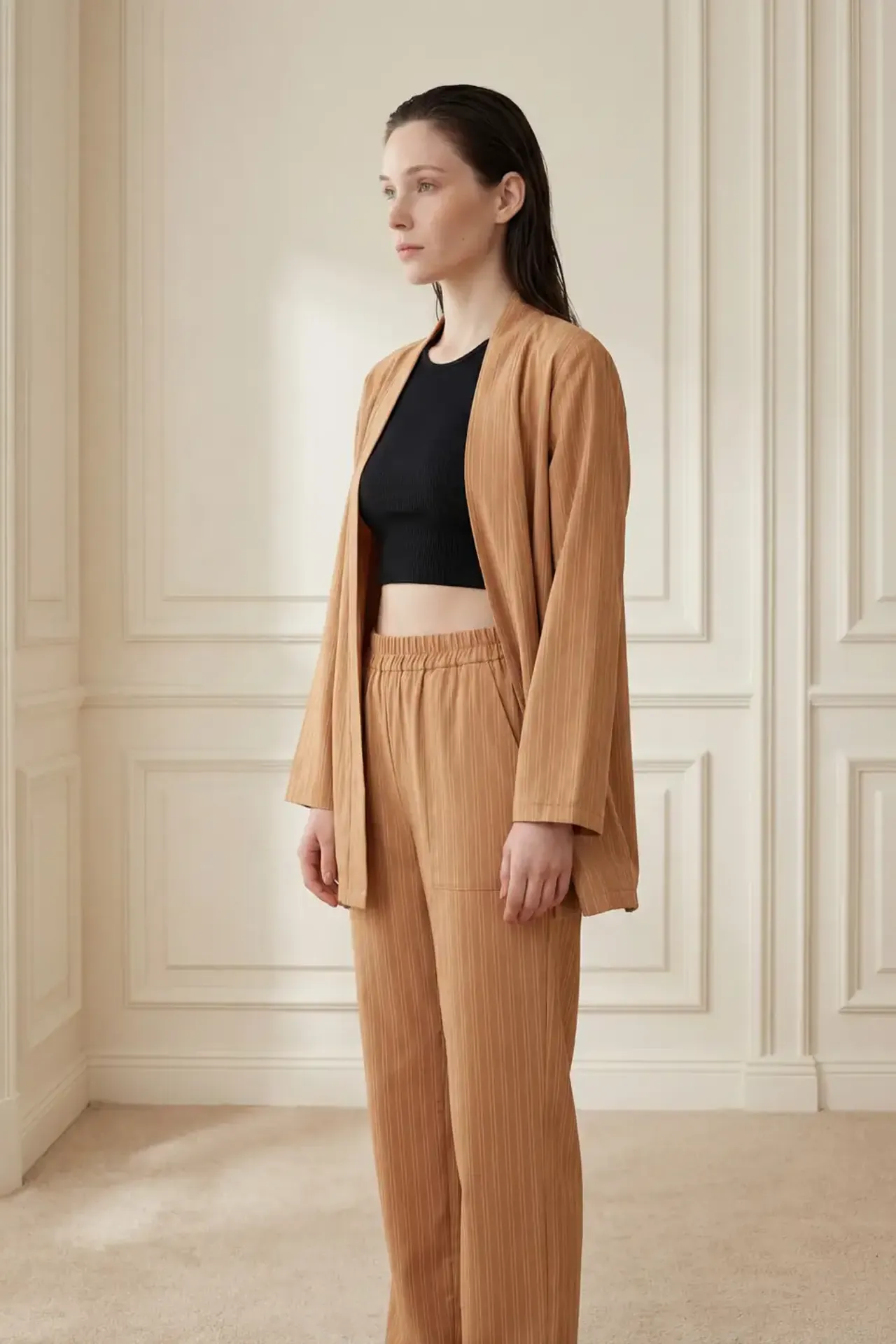 MY FASHION Striped Two-Piece Co-Ord Set with Open Collar 1