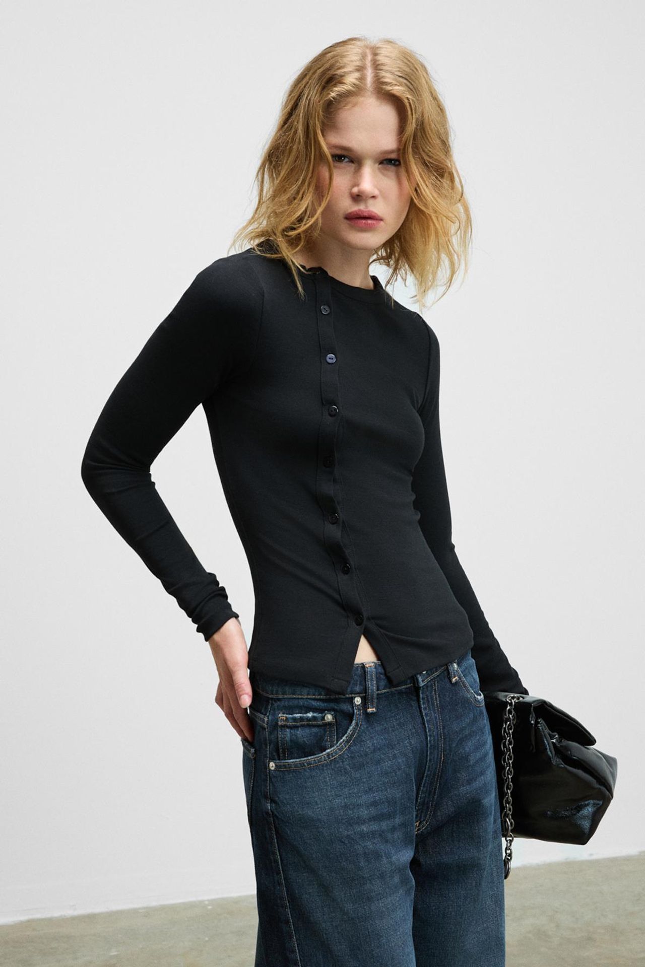 GRIMELANGE Slim Fit Crew Neck Button Blouse 1