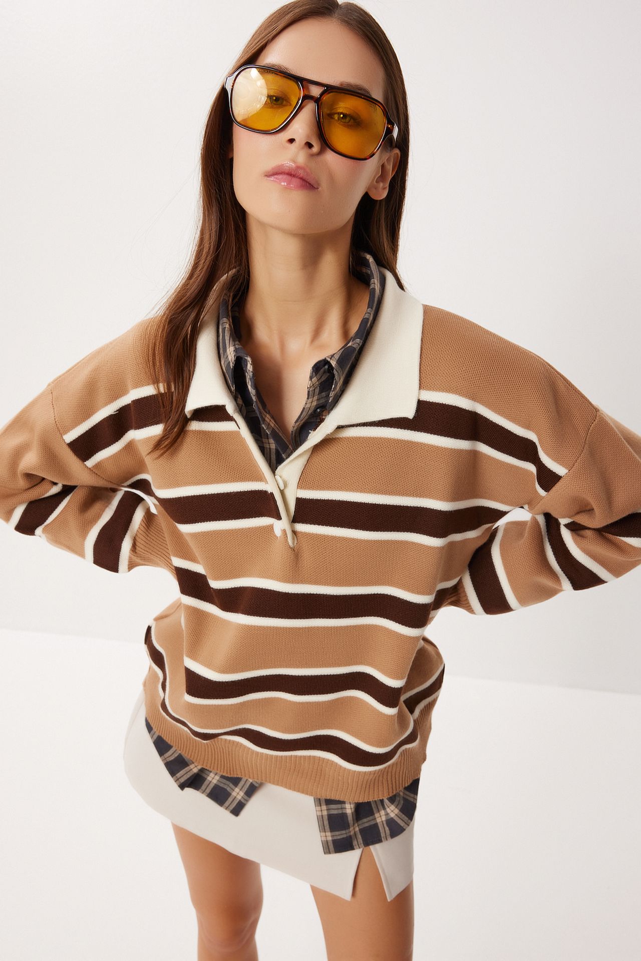 ISTANBUL Ribbed Striped Polo Collar Sweater 4