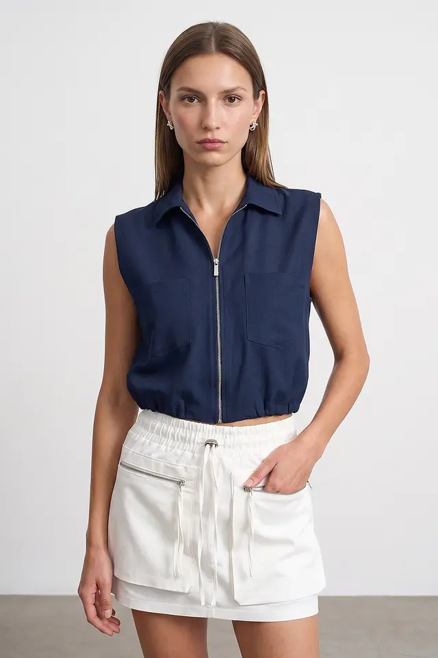 DILVIN Women's Cropped Sleeveless Shirt With Zip