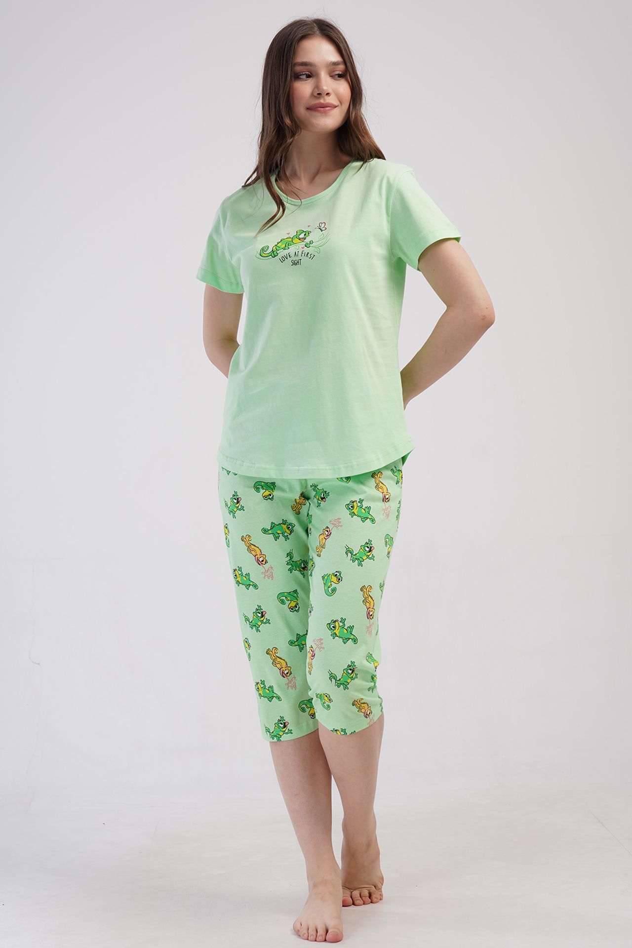 YAKE Baskılı Bisiklet Yaka 2 Parçalı Pijama Takımı 1