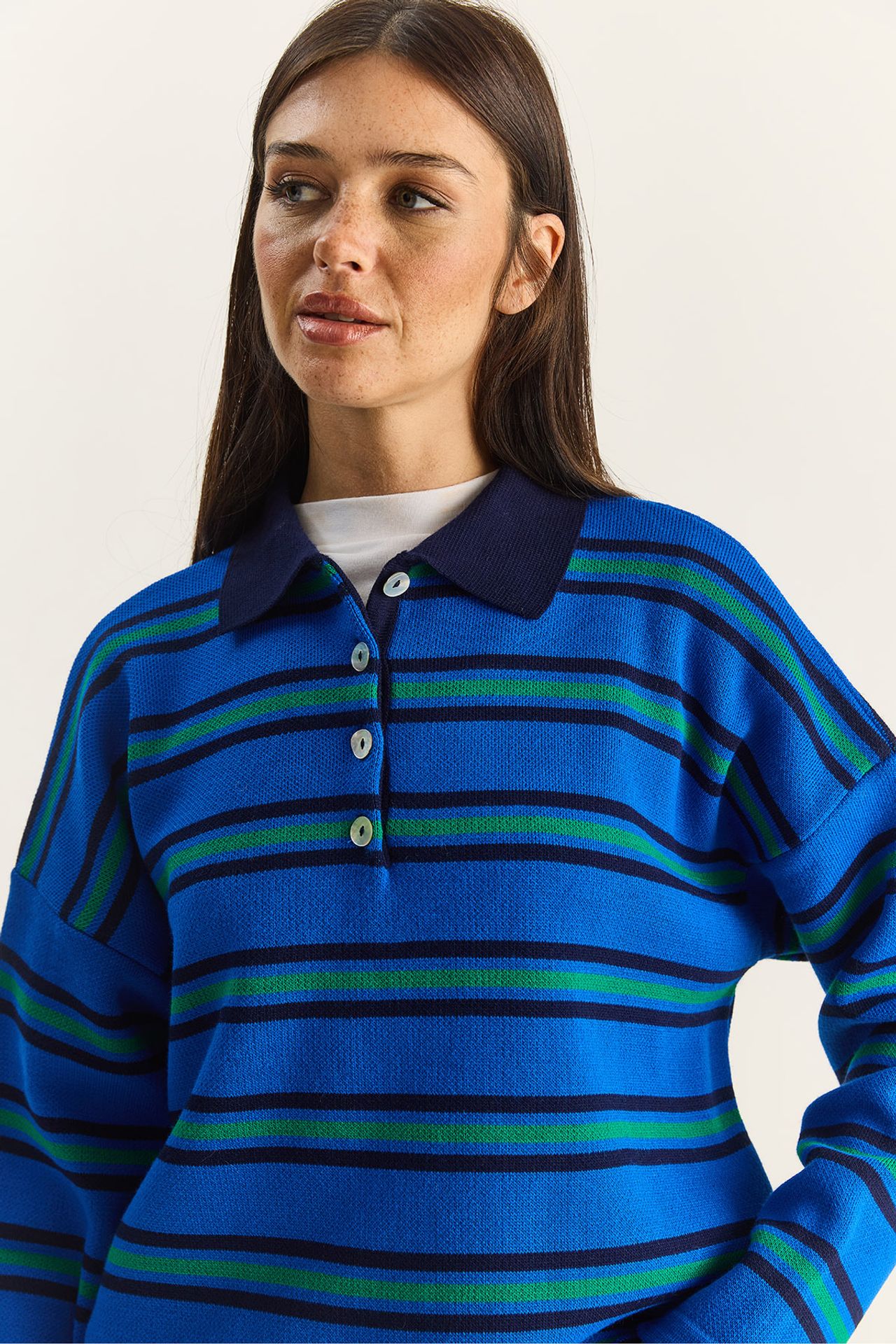 LUCCI Striped Polo Collar Button Sweater 6