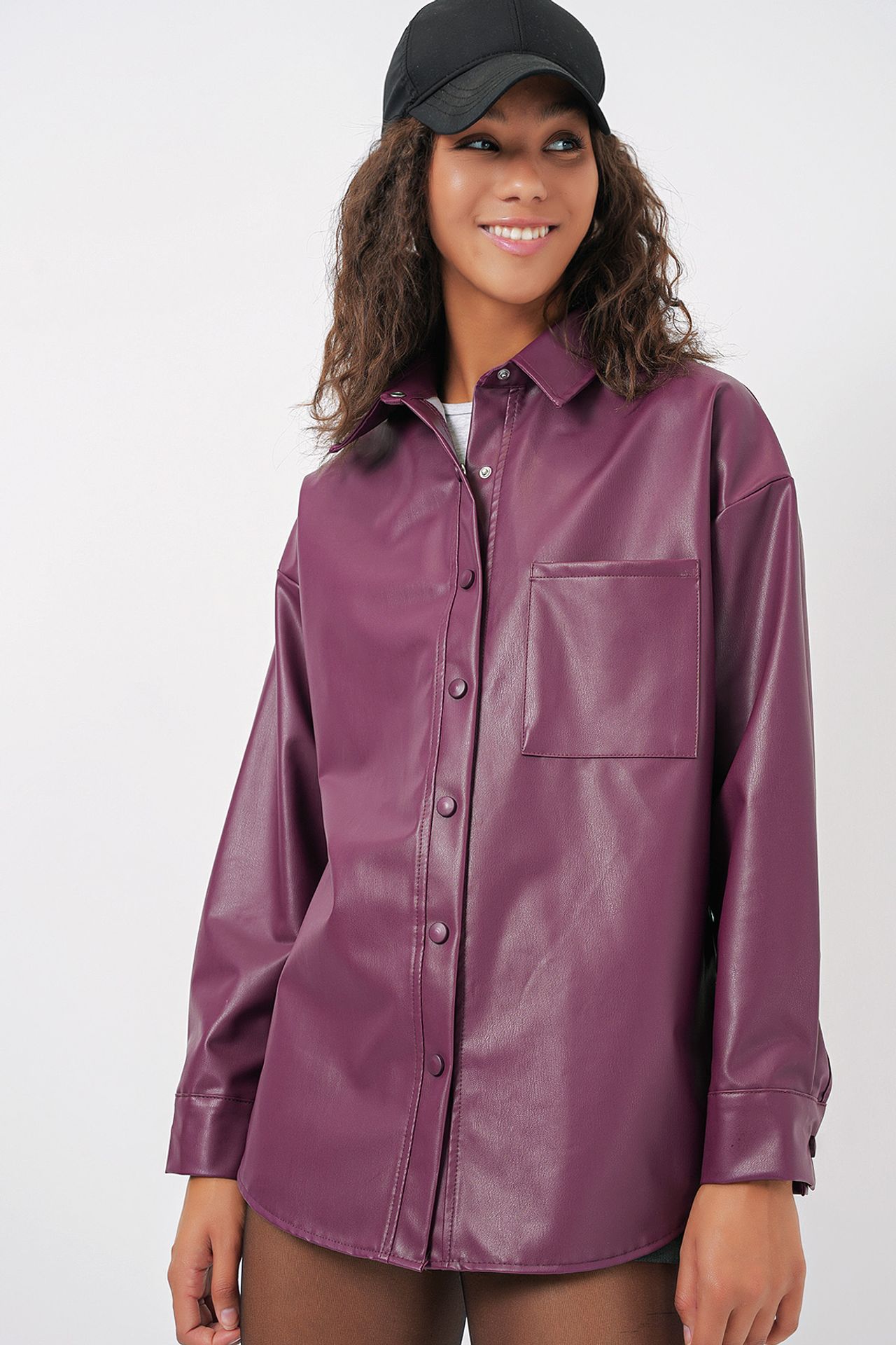 BDART Oversized Faux Leather Long Sleeve Button-Up Shirt with Pocket 3