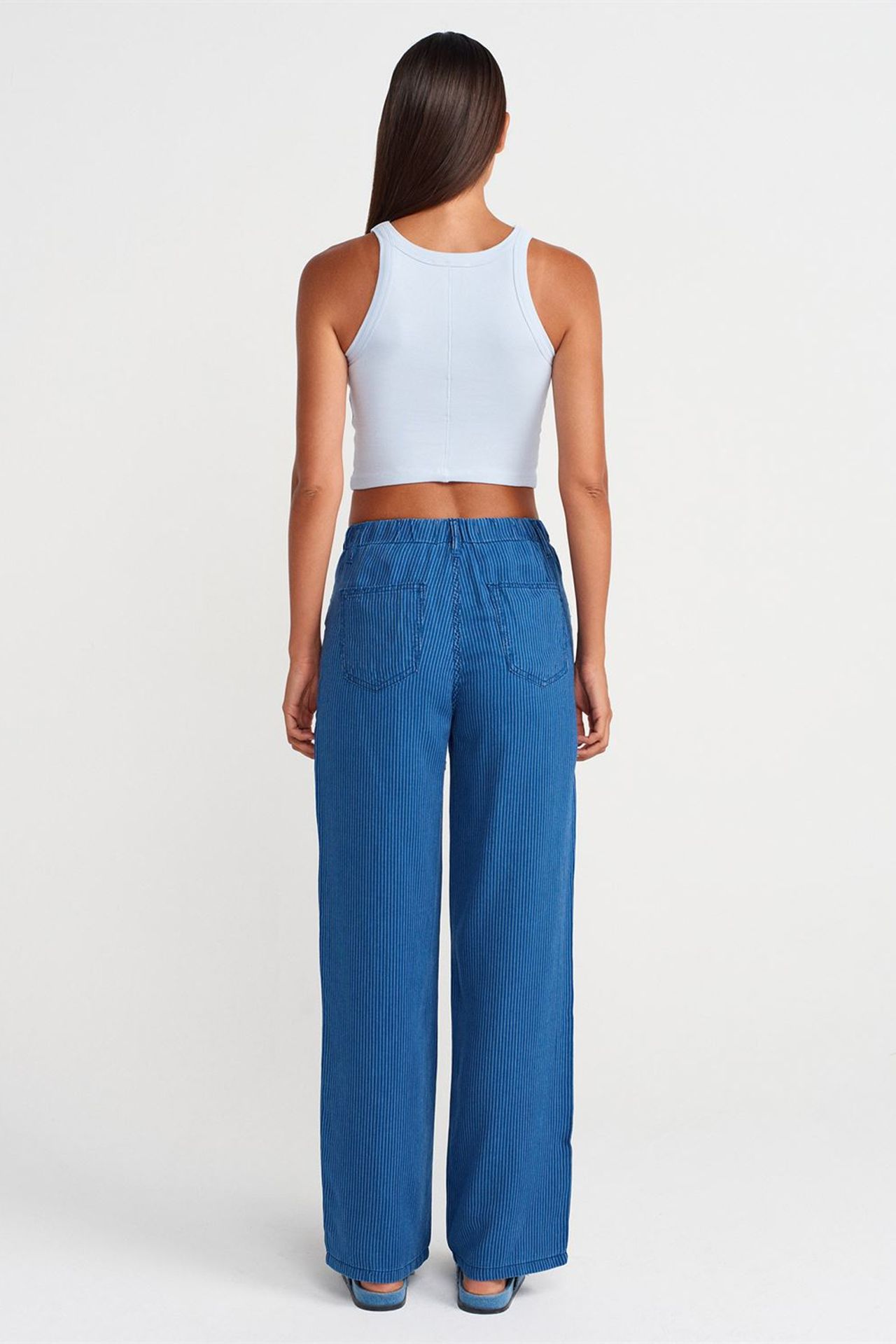 DILVIN Orta Bel Çizgili Geniş Paça Tencel Jean 2
