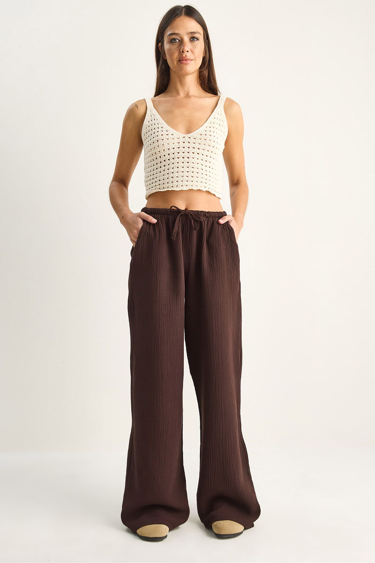 LUCCI Wide-leg Cotton Crepe Trousers 1