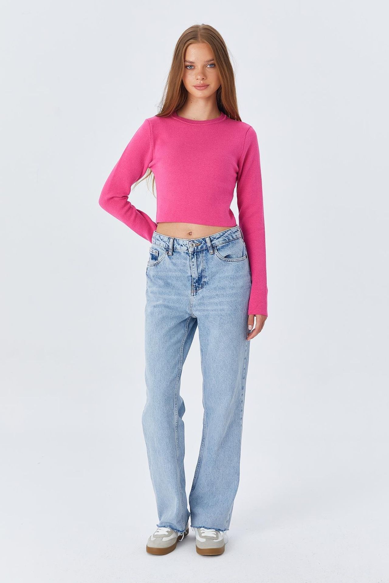 Mixray Uzun Kollu Basic Crop Triko Bluz 5