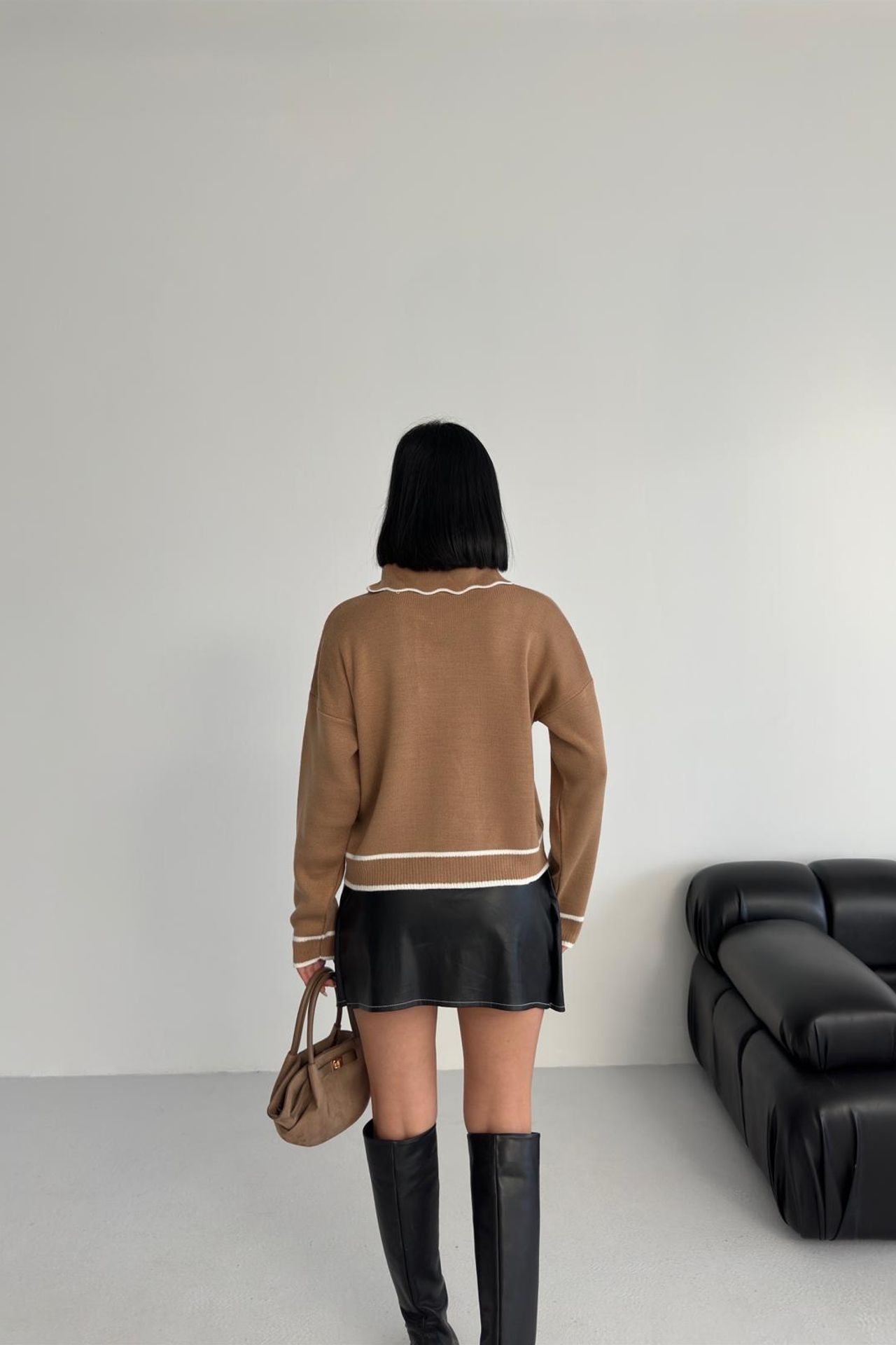 MY FASHION Textured Polo Neck Knit Sweater with Ribbon Detail 2