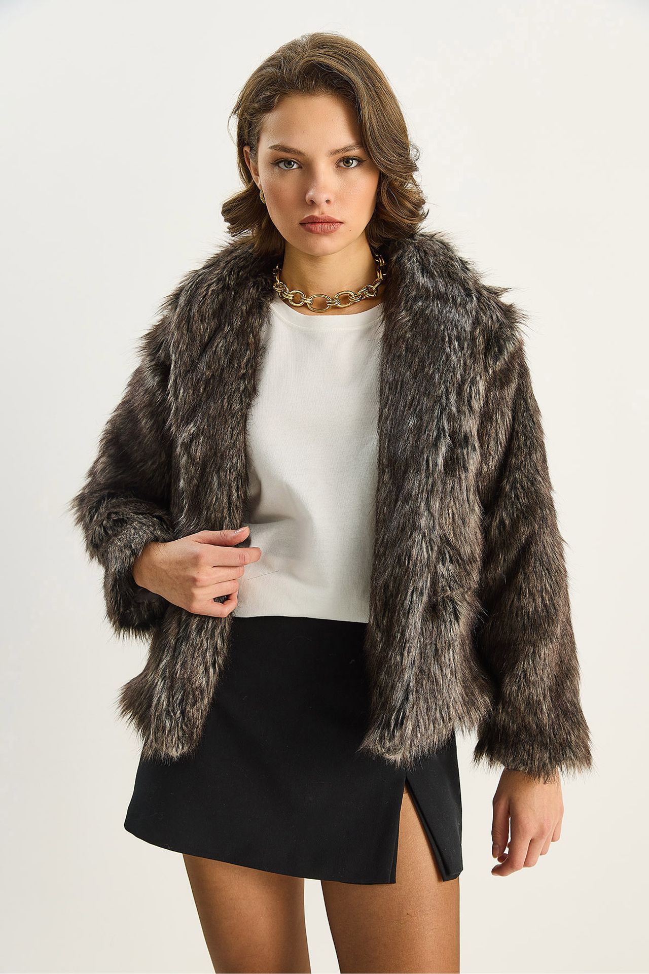 Faux Fur Cropped Open Collar Coat 3