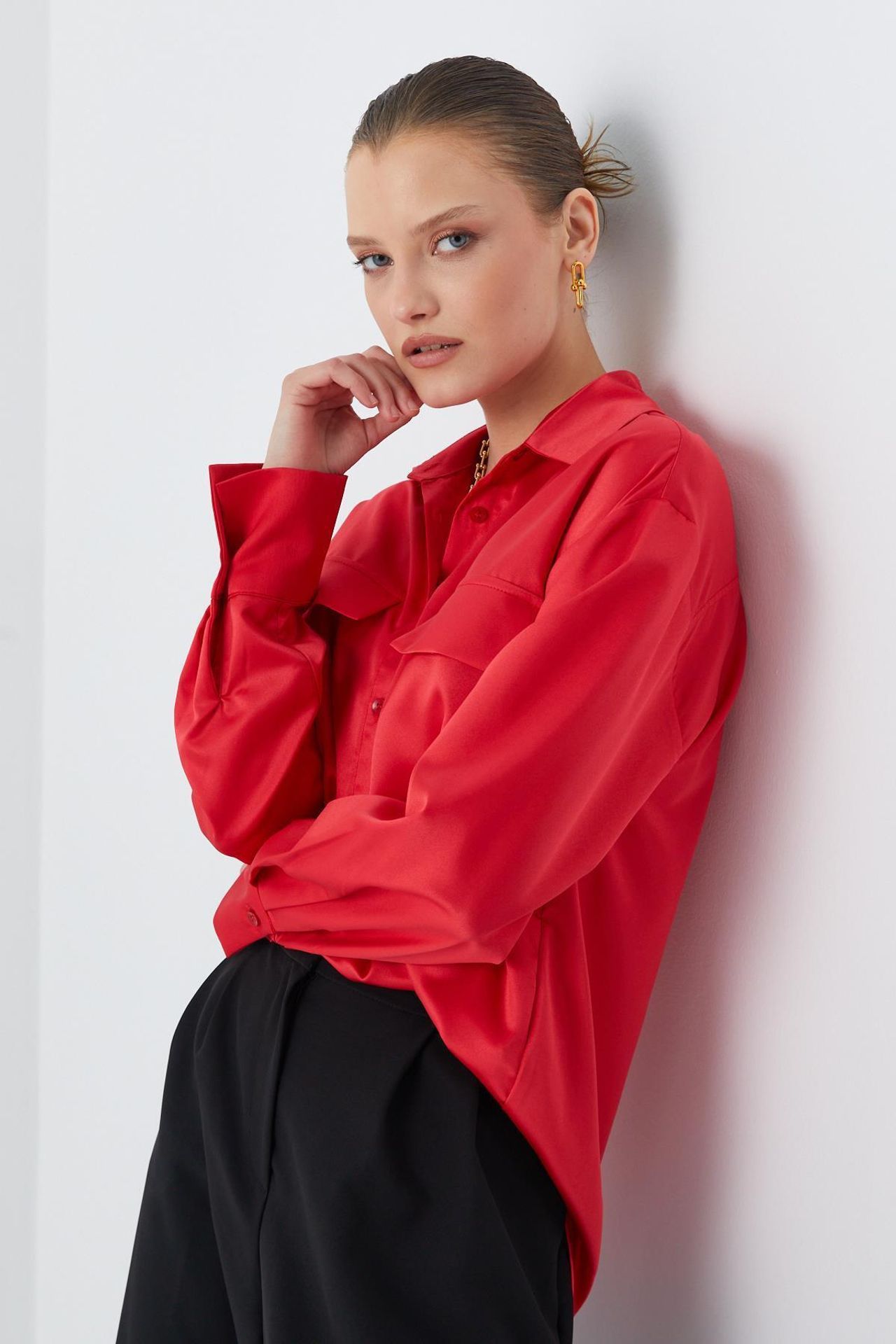 Satin Button-Up Shirt with Pocket Detail 5