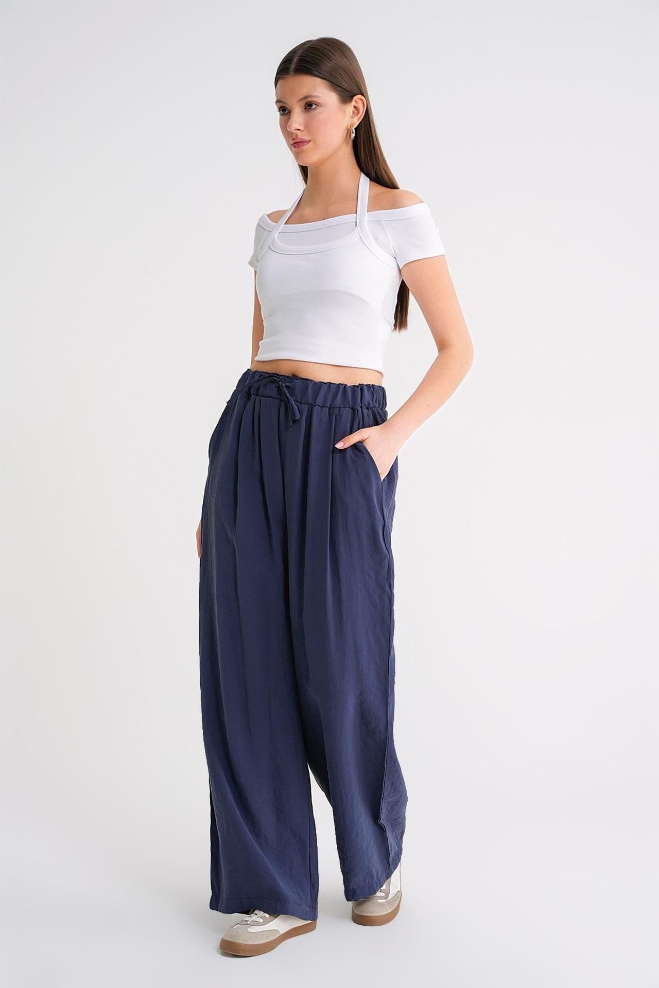 Mixray High Waist Modal Pleated Palazzo Pants with Drawstring 2