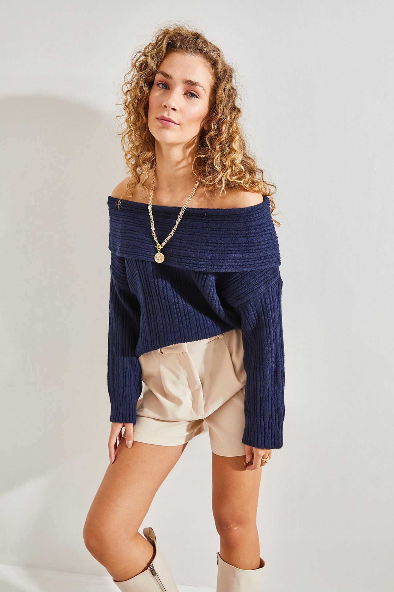 LUCCI Off Shoulder Ribbed Knit Sweater 5