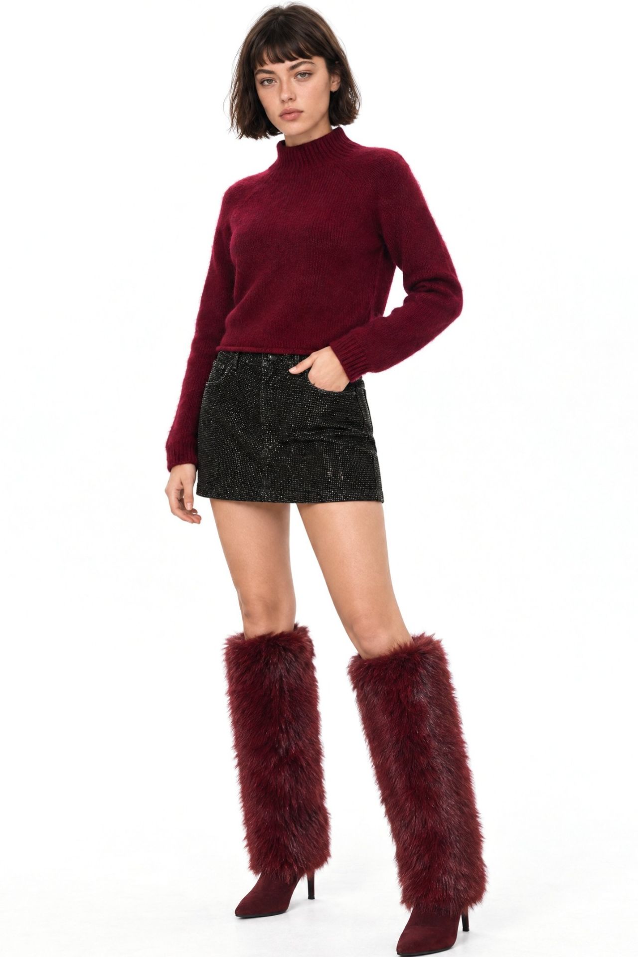 MIXRAY Women's Cropped Textured Knit Sweater 3