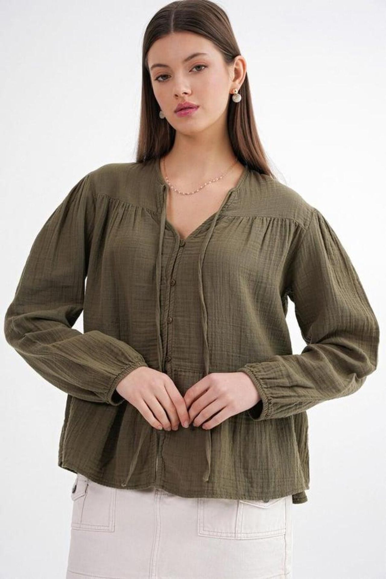 Mixray Long Sleeve Relaxed Fit Blouse with Tie-Neck 5