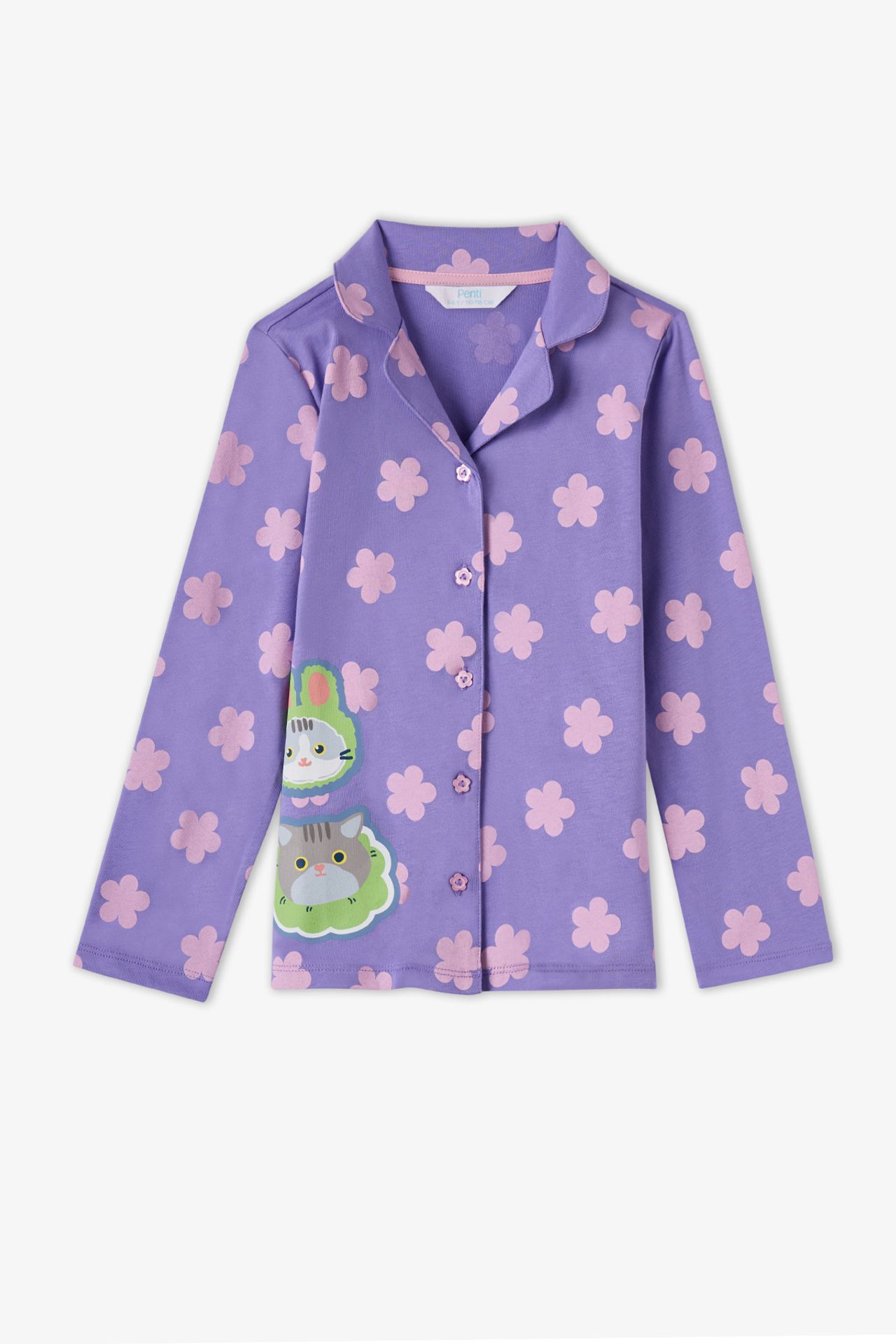 PENTI Girls' Feel Better Cat Print Cotton Buttoned Long Sleeve Shirt Trousers Pajama Set 2