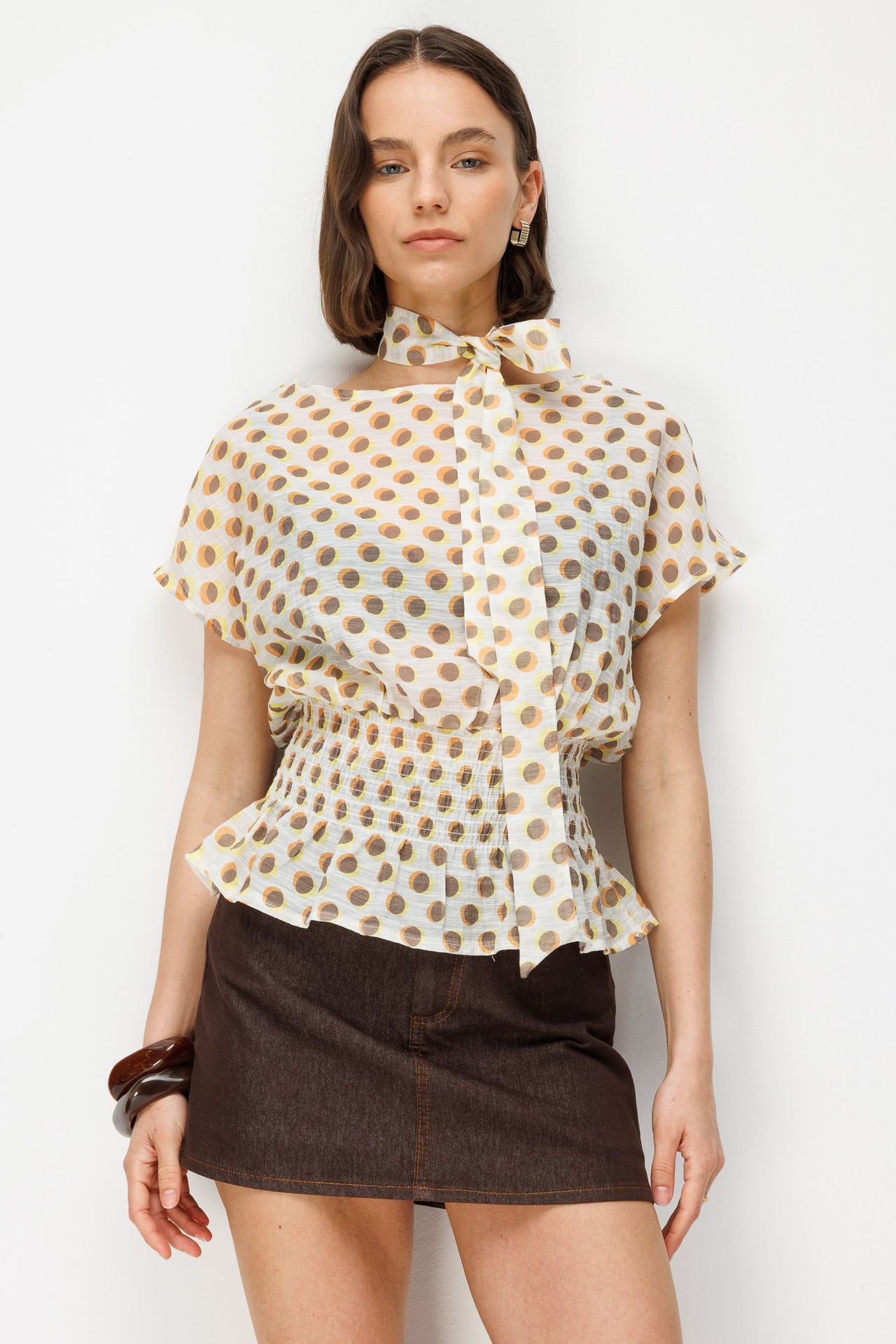 MIXRAY Choker Collar Polka Dot Blouse 4