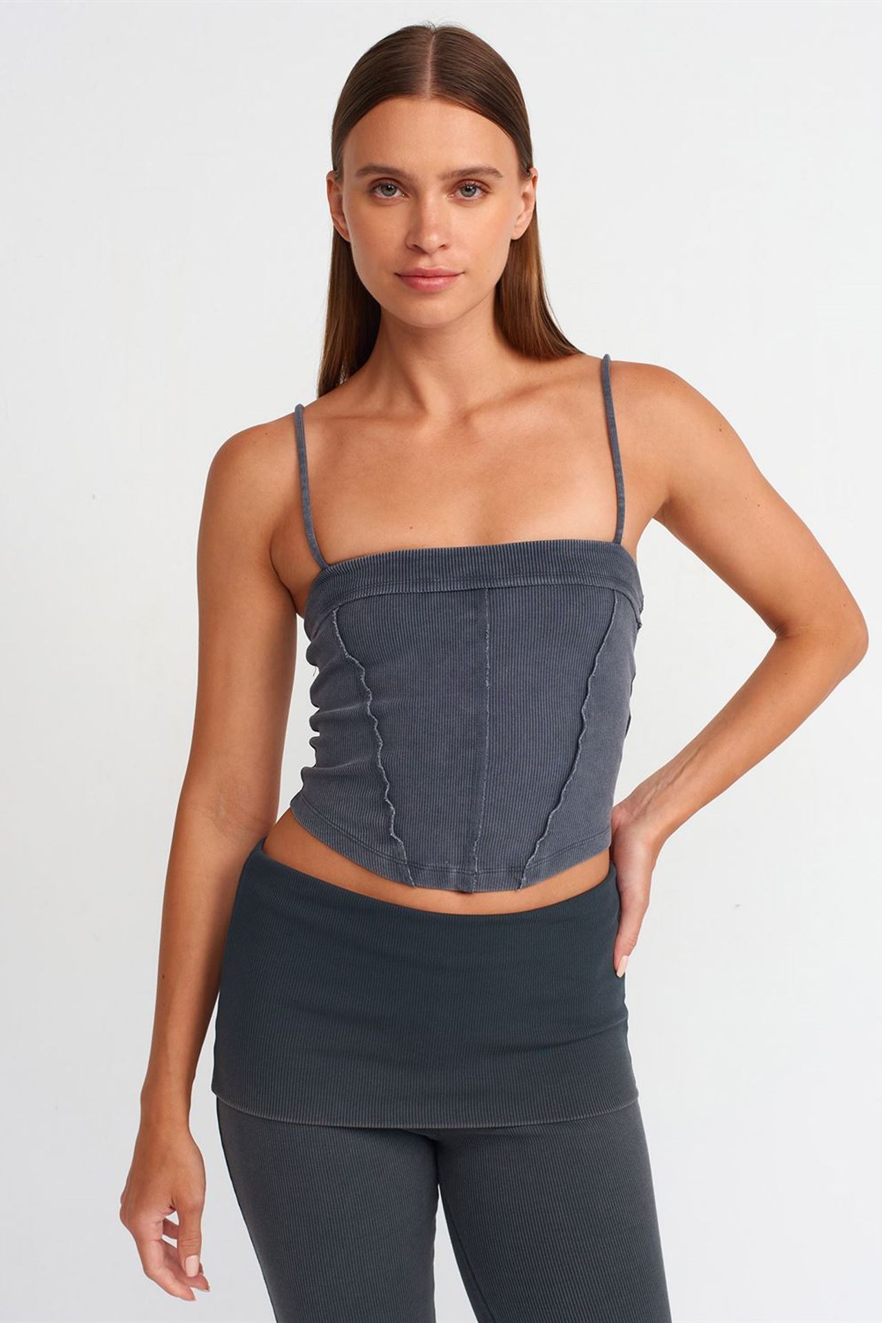 DILVIN Kare Yaka Fitilli Crop Bluz 4