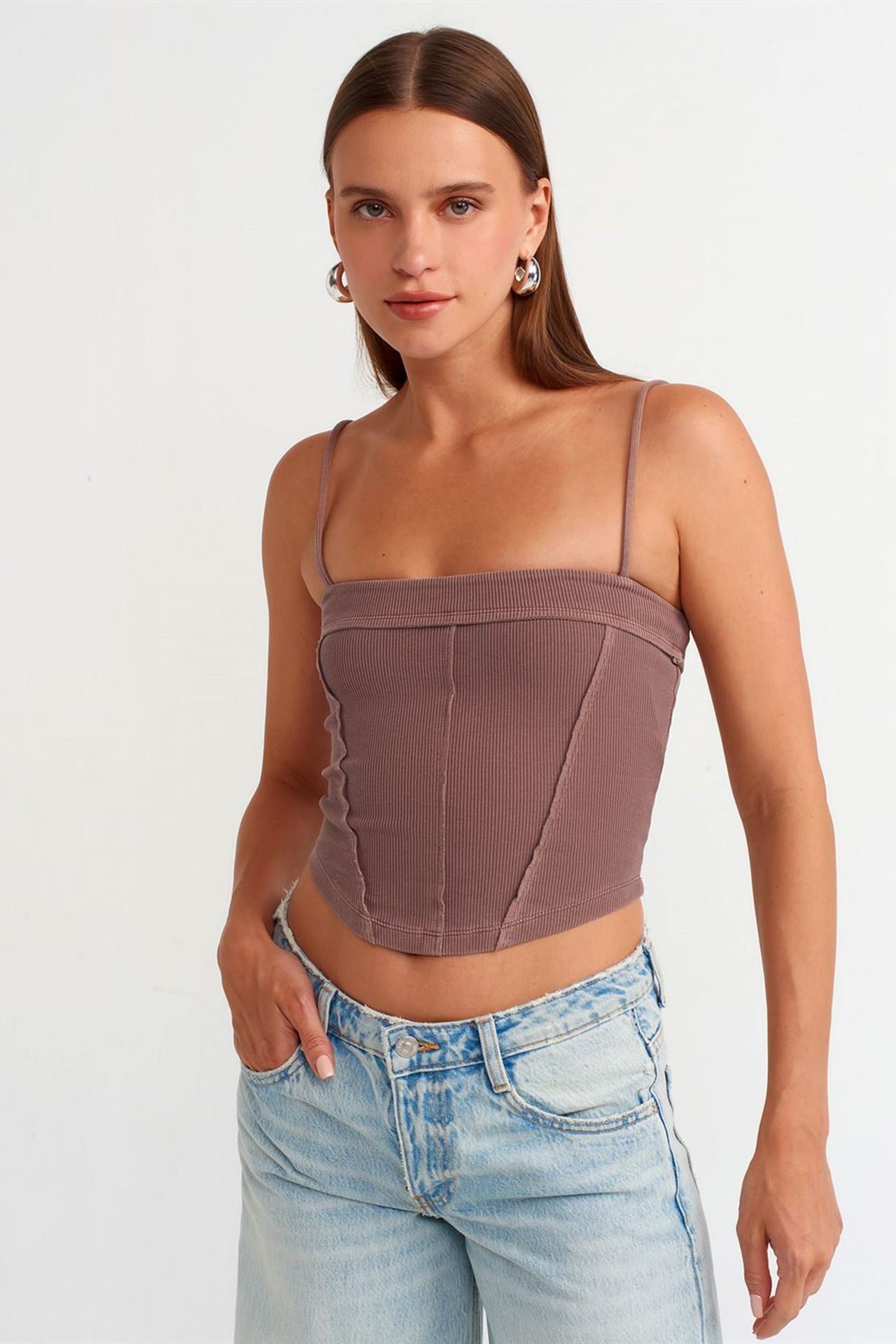 DILVIN Kare Yaka Fitilli Crop Bluz 1