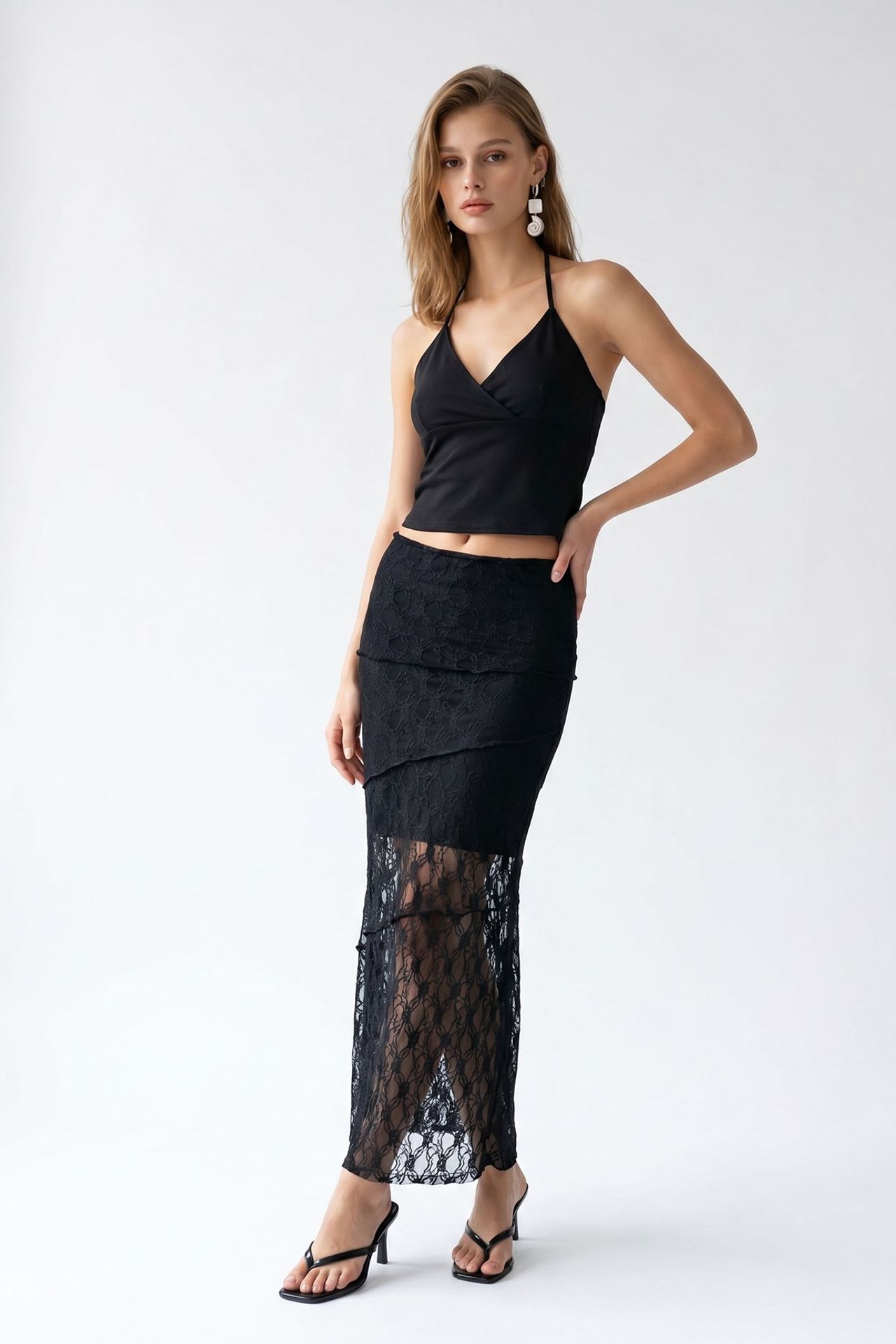MIXRAY High Waist Lace Midi Skirt 4