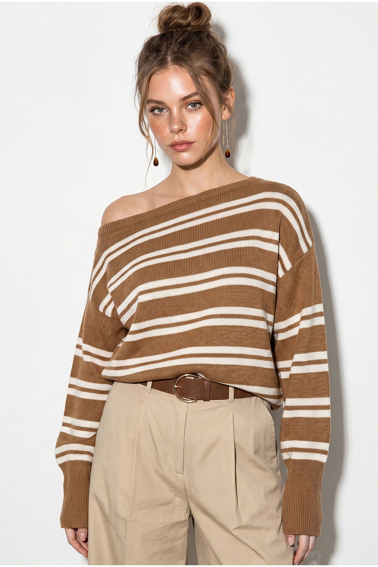 LUCCI Off Shoulder Striped Ribbed Sweater 2