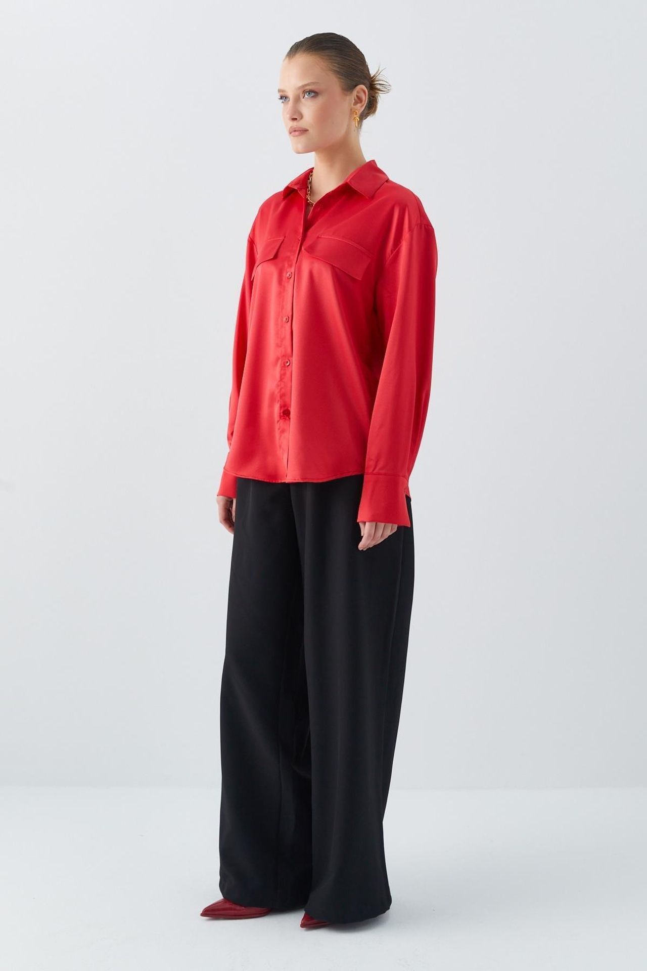 Satin Button-Up Shirt with Pocket Detail 2