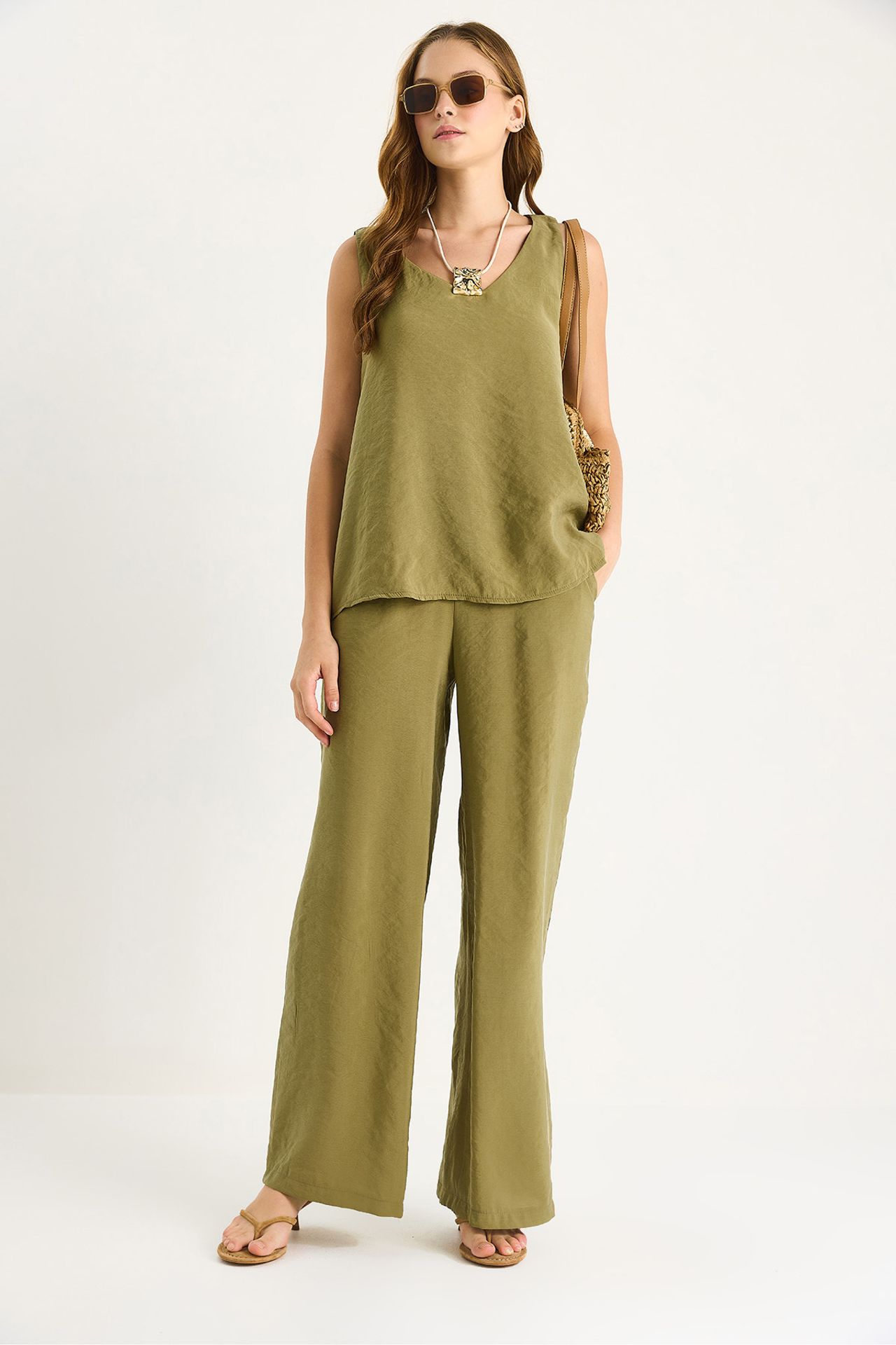 LUCCI V-Neck Cotton Blouse-Pants Two-Piece Set 3