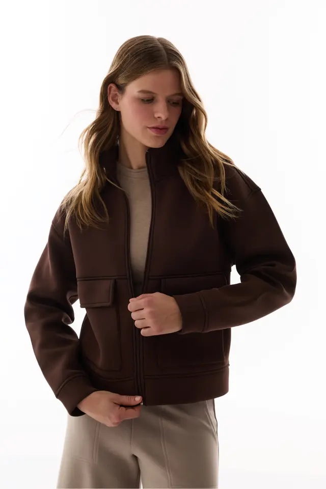 PENTI Pocket Detail Scuba Zip-Up Long Sleeve Jacket