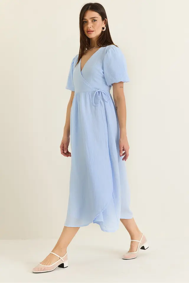 LUCCI Textured V-neck Midi Dress with Wrap Closure