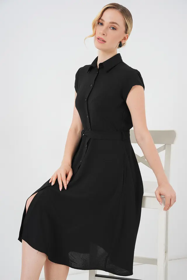 BDART Buttoned Shirt Collar A-Form Midi Dress with Binding Detail