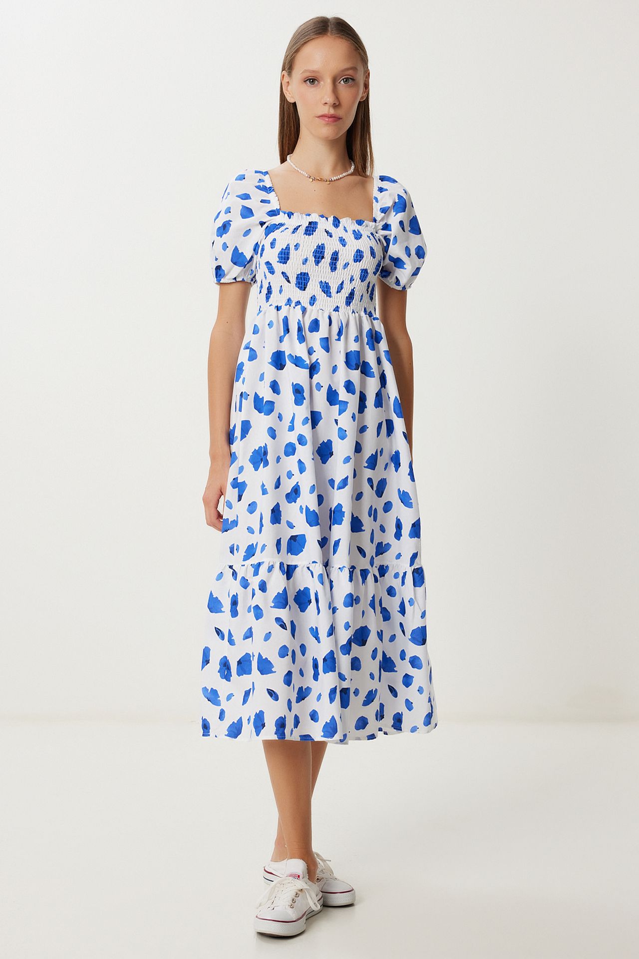 ISTANBUL Frilly Abstract Print A-Line Midi Dress with Square Collar 1